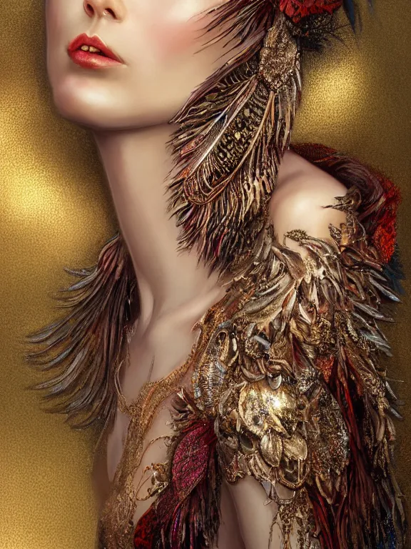 Image similar to realistic 3d character render of a beautiful woman, veiled, embellished sequined,feather-adorned,by tom bagshaw,Cedric Peyravernay,William Holman Hunt,William Morris,Catherine Nolin,metropolis,Gucci,Dior,intricate, elegant, highly detailed, digital painting, artstation, concept art, smooth, sharp focus, illustration,maximalist,glittering,feminine