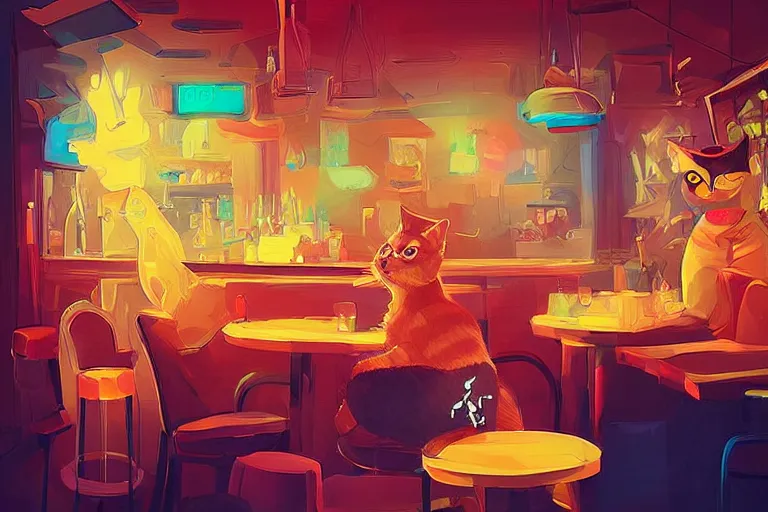 Image similar to a digital art of close up of a cat sits on a chair in a bar, animal, cute, light effect, highly detailed, by anton fadeev