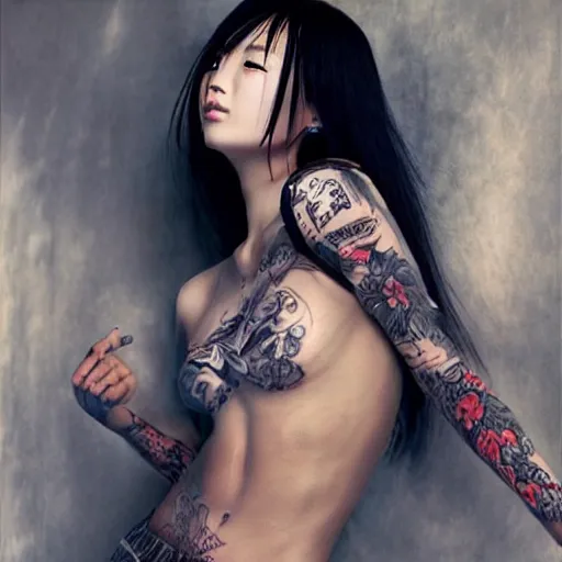 gorgeous chinese girl in tattoos, by luis royo, in