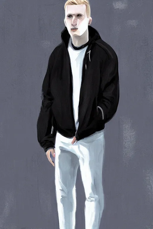 Prompt: extreme long shot. blonde russian man in white adidas pants. black jacket. white sneakers. sad face. staying on the street. digital painting.