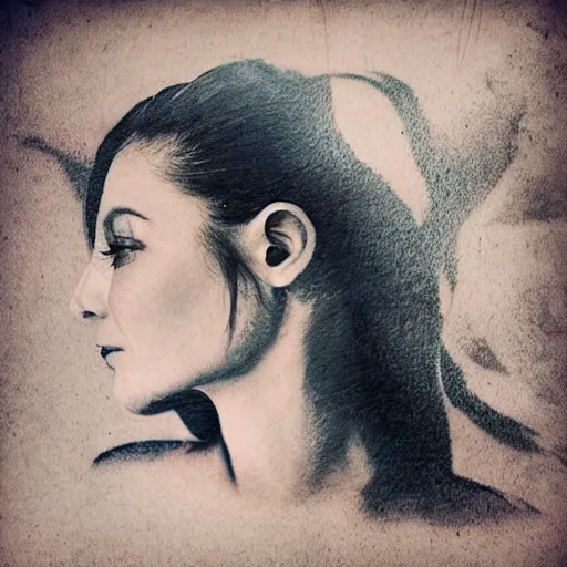 Image similar to realistic tattoo sketch of a beautiful woman face double exposure with a mountain scenery