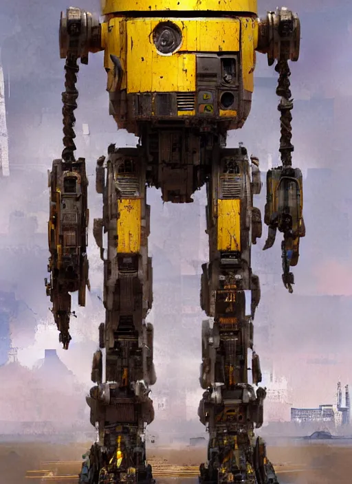 Prompt: tall strong intricate yellow pit droid, pancake short large head painterly mecha, by Greg Rutkowski