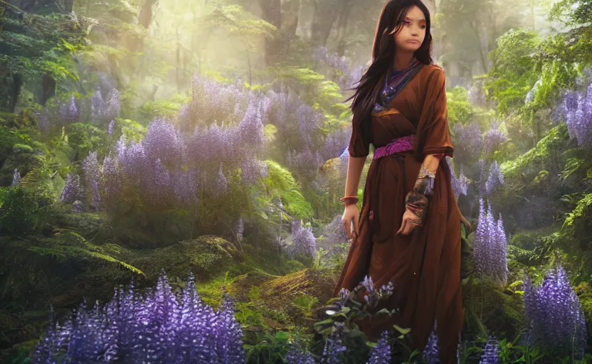 Prompt: beautiful Himalayan woman, sci-fi tibetan fashion, brown hair, somber, scene of a summer forest with glowing blue wisteria, dramatic light, wide angle, dramatic pose, dramatic angle , 8k hdr pixiv by Makoto Shinkai and Wojtek Fus