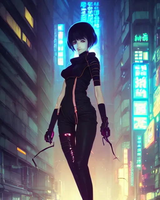 Image similar to Beautiful full body portrait of beautiful cyberpunk anime woman by Greg Rutkowski and Krenz Cushart and Pan_Ren_Wei and Hongkun_st and Bo Chen and Enze Fu and WLOP and Alex Chow, Madhouse Inc., anime style, crepuscular rays, set in rainy futuristic cyberpunk Tokyo street, dapped light, dark fantasy, feminine figure, smooth skin, gorgeous, pretty face, beautiful fashion model body, high detail, hyper realistic, cgsociety, trending on artstation