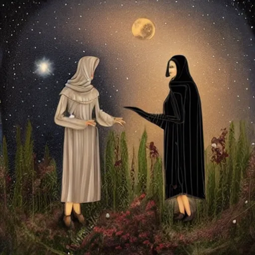 Prompt: a tall goth brunette woman in a black hooded cloak, standing beside a short butch blonde tomboy woman engineer, in a garden at night, soft and romantic, illustration, highly detailed, dark muted colors, constellations
