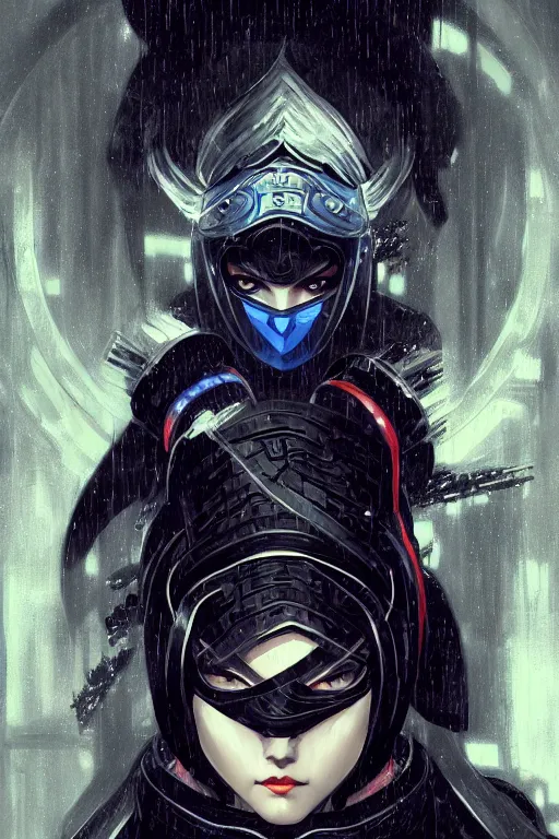 Image similar to portrait Ninja gaiden girl, armored black and blue ninja wardrobe, in ruin japanese rainny temple night, ssci-fi and fantasy, intricate and very very beautiful and elegant, highly detailed, digital painting, artstation, concept art, smooth and sharp focus, illustration, art by tian zi and WLOP and alphonse mucha