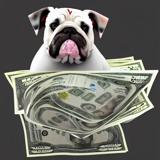 Image similar to english bulldog in bathtub with stacks of bills, artstation