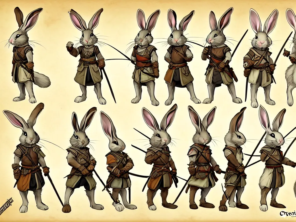 Image similar to character design sheet for a group of heroic rabbit archers on a parchment background, redwall, greg rutowski and jean baptiste monge, very very detailed, epic fantasy concept art