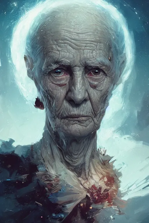 Prompt: the look of an elderly person full of wrinkles and imperfections by artgem and greg rutkowski, highly detailed, high contrast, trippy, nebula, trending on artstation