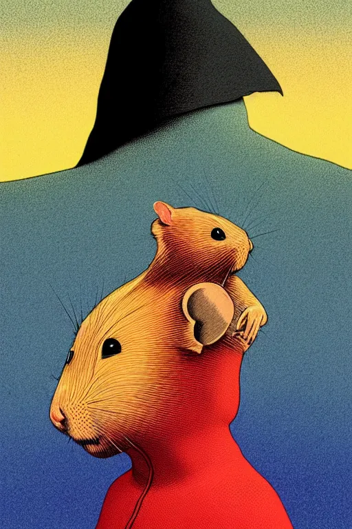 Prompt: a vibrant ultraclear sideview waist up portrait of hamster wearing black cape hoodie!! by rene magritte and laurie greasley and kilian eng and josan gonzalez, ( ( etching by gustave dore ) ), colorful flat surreal, ethereal, intricate, sharp focus, illustration, highly detailed, digital painting, concept art, masterpiece