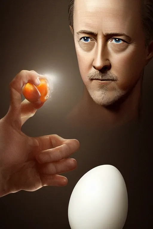 Prompt: a boiled egg with with edward norton's face inside the egg, highly detailed, dramatic lighting, concept art by caravaggio and greg rutkowski and artgerm