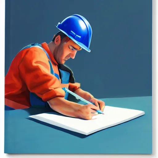 Image similar to a worker wearing a hardhat writing in a notepad with a calculator, by rhads, 3 d