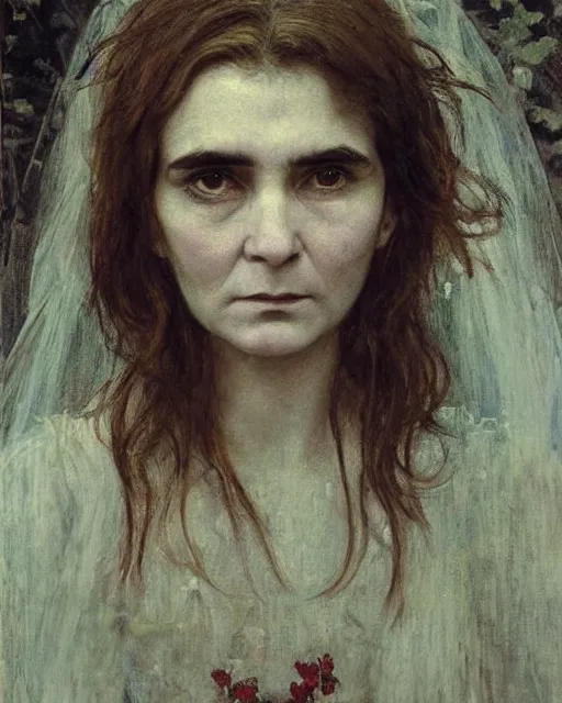 Prompt: a beautiful but sinister woman who looks like a young shirley henderson in layers of fear, with haunted eyes and crazy hair, 1 9 7 0 s, seventies, delicate embellishments, a little blood, crimson, painterly, offset printing technique, by jules bastien - lepage