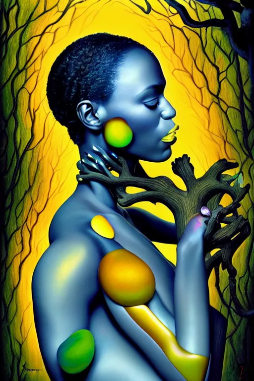 Image similar to hyperrealistic deconstructed super expressive! black woman with exoskeleton armor, merging with tree in a forest, highly detailed digital painting masterpiece smooth de lempicka hannah yata dramatic pearlescent blue yellow light ground angle hd 8k sharp focus