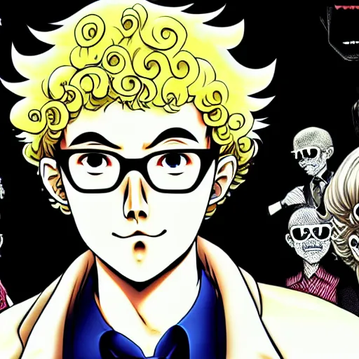 Prompt: A man with blonde curly hair wearing glasses, blonde man, anime art, Junji Ito, Junji Ito artwork, Ito Junji art, 4K