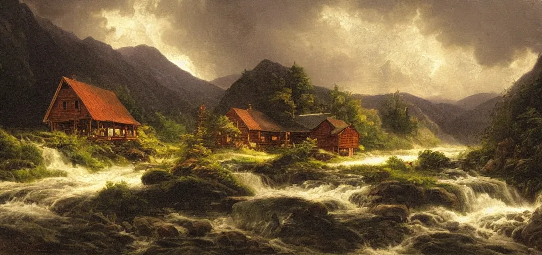 Prompt: a river running past a cozy cabin in mountain side, thunderstorm, classic painting, award winning, highly detailed,