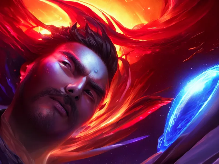 Prompt: portrait of cosmic emperor, overflowing with energy, nexus of the universe, black hole, rule of thirds, red and blue gradient, photorealistic facial features, league of legends splash art, by chengwei pan, huang guangjian, viktoria gavrilenko, artgerm, greg rutkowski, 8 k, octane, digital painting, artstation