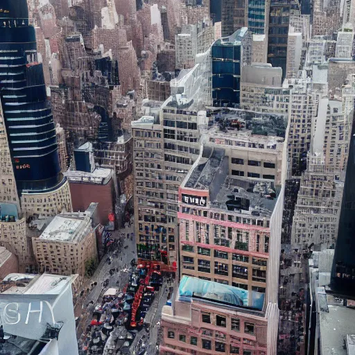 Prompt: : pov picture standing on edge of building in time square new york, cannon photo, 8 k, roof topping, high constrast