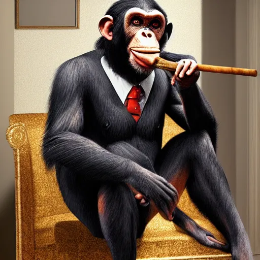 Image similar to a high detail painting of a chimp wearing a suit 👔,and smoking a cigarrette🚬, cgcosiety, artstation, unreal engine, realism