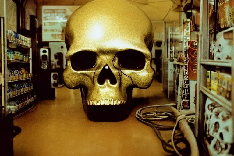 Prompt: large metallic skull attached to an infinitely long, thick power cable, stoic and calm, inside of an unlit 1970s convenience store, ektachrome photograph, volumetric lighting, f8 aperture, cinematic Eastman 5384 film