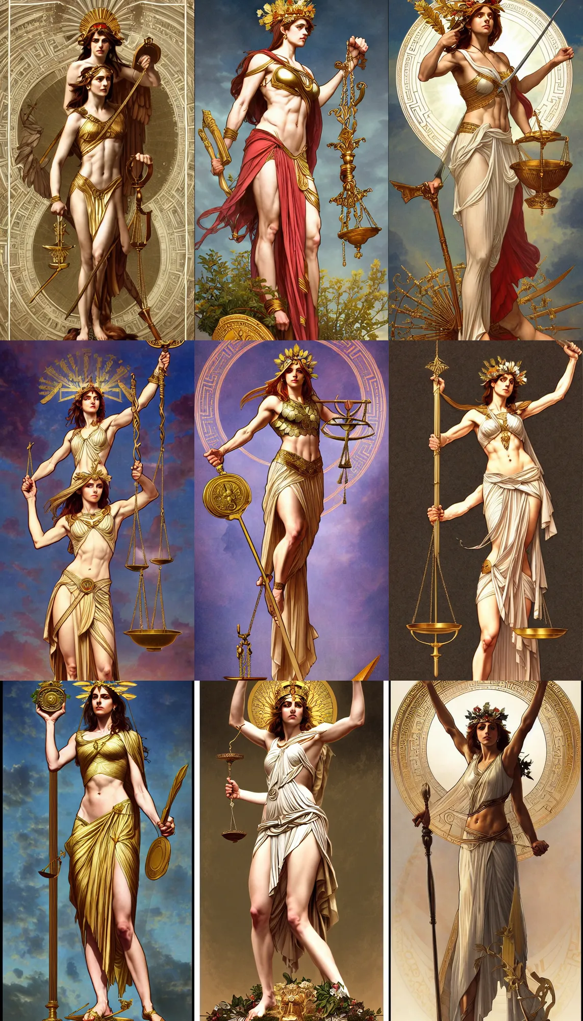 Prompt: a full body portrait of themis the greek goddess, holding the scale of justice!! wearing a laurel wreath, extremely beautiful, precise anatomy, by artgerm and by greg rutkowski and by alphonse mucha and by simon bisley, radiant light, detailed and intricate environment, symmetrical background