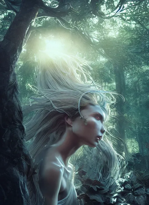 Image similar to beauteous sumptuous biomechanical incredible hair, crystalline masterpiece incrustations, hyperdetailed face, elegant pose, movie still, intricate, octane render, cinematic forest lighting, cgsociety, unreal engine, crepuscular rays, god rays