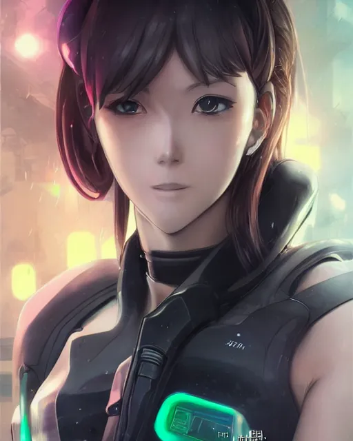 Image similar to nami, anime key visual of a young female swat officer, neon, cyberpunk, futuristic, white top, black vest, stunning, highly detailed, digital painting, smooth, soft focus, illustration, 4 k digital art from artstation by artgerm and greg rutkowski and alphonse mucha