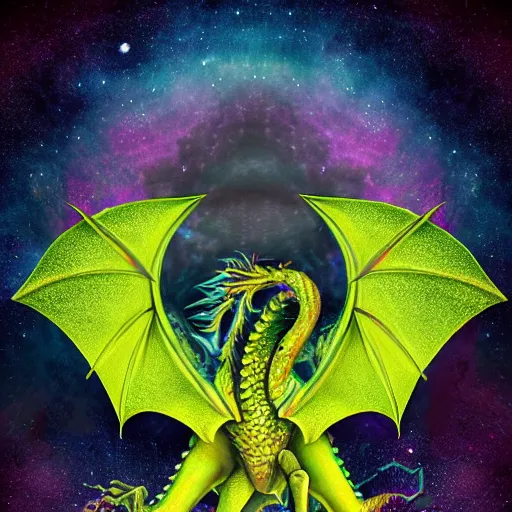 Prompt: Dragon Creepy cosmic color scheme star gazing award winning photograph