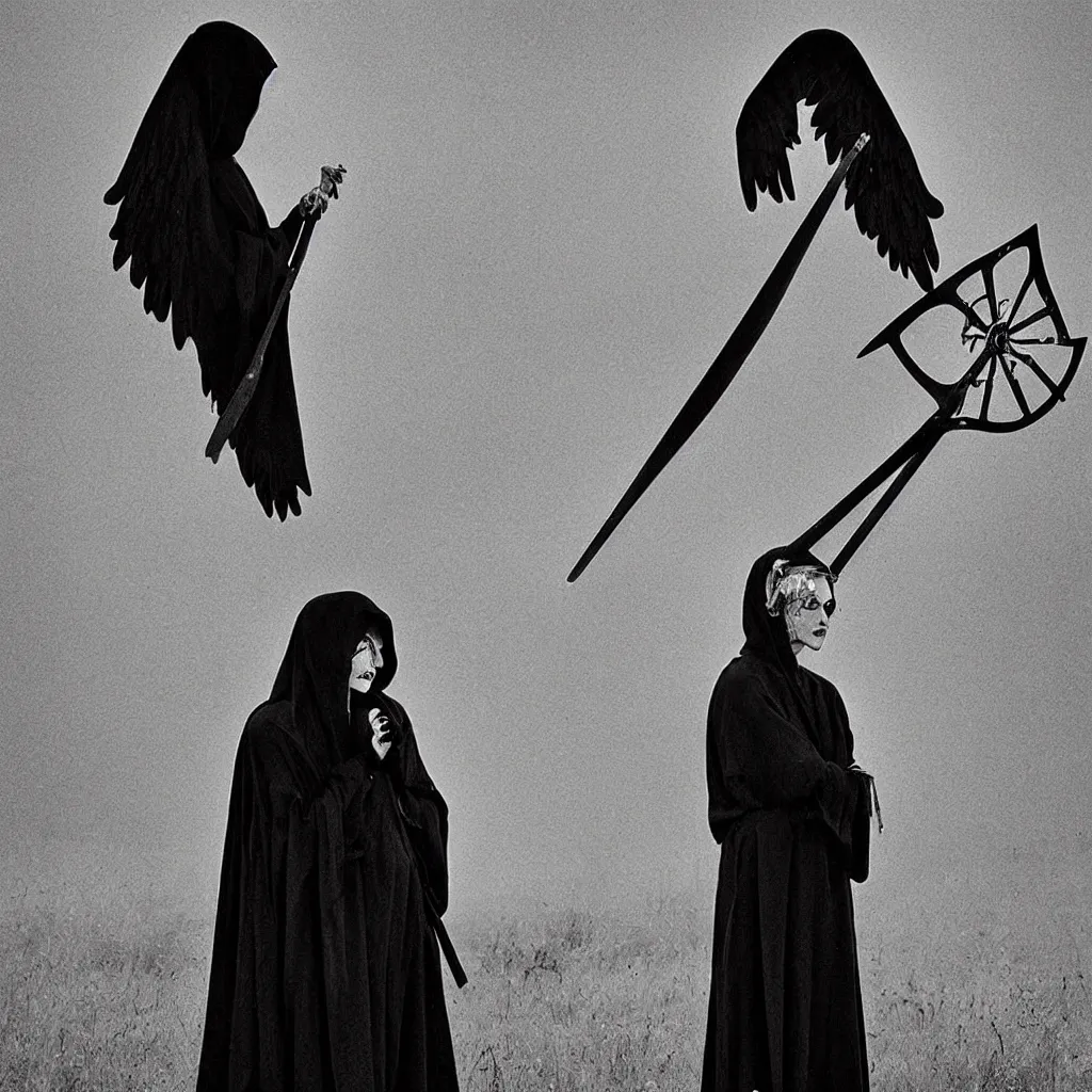 Image similar to angel of death as a pretty faced woman shedding a single tear holding a scythe, violet eyes, black robe, diamond earring, silver necklace, standing alone in a field looking directly at you and melancholy