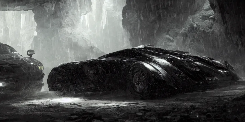 Image similar to the batmobile standing in a very dark and wet cave. highly detailed. intricate. mist. atmospheric. octane render. rim light. photoreal. 8 k. monochrome. cinematic. matte painting imagined by craig mullins and greg rutkowski. concept art, trending on artstation.