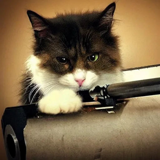 Image similar to cute fluffy cat with gatling gun