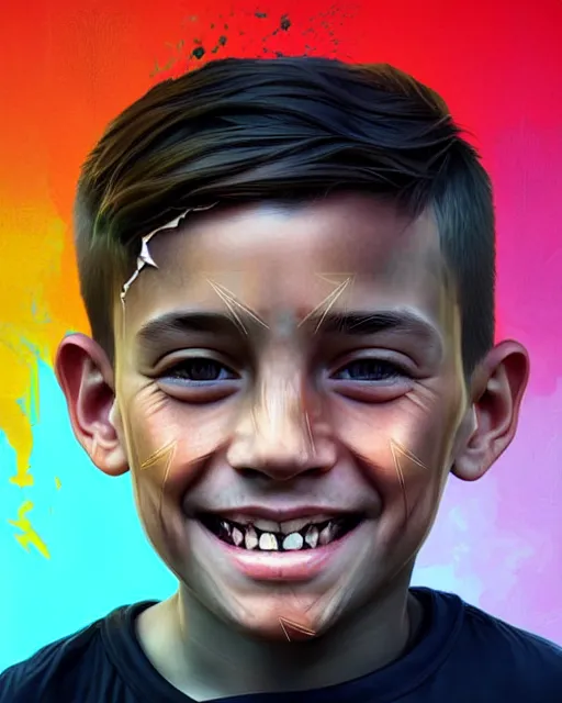 Image similar to digital art of smiling boy, shards of time, face portrait, centered portrait, illustration, highly detailed, simple, no jagged lines, smooth, artstation, artwork by obey, artwork by sandra chevrier