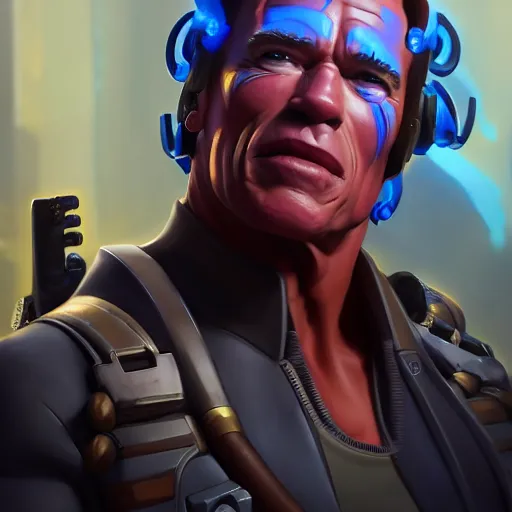 Image similar to a screenshot of arnold schwarzenegger as ana in overwatch, portrait, fantasy, beautiful face, vivid colors, elegant, concept art, sharp focus, digital art, hyper - realistic, 4 k, unreal engine, highly detailed, hd, dramatic lighting by brom, trending on artstation