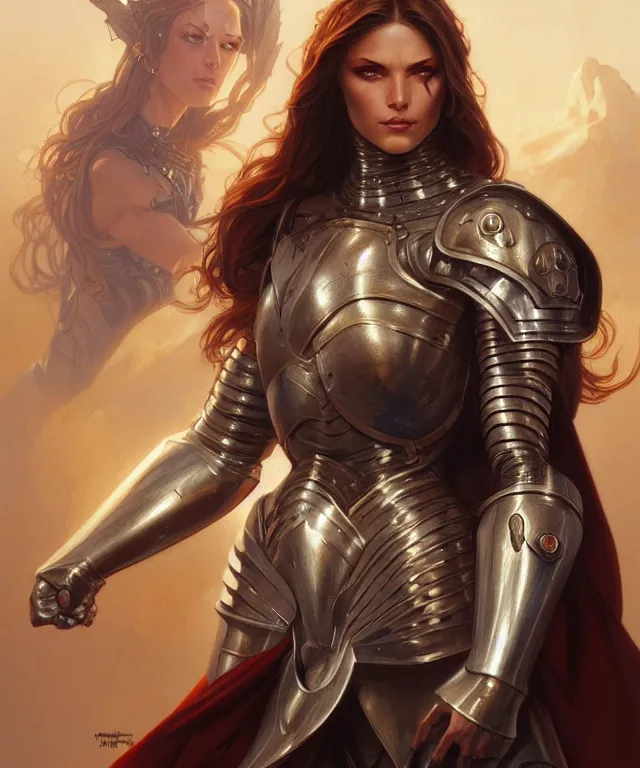 Image similar to Muscular and powerful medieval knight woman portrait, sci-fi, amber eyes, face, long hair, fantasy, intricate, elegant, highly detailed, digital painting, artstation, concept art, smooth, sharp focus, illustration, art by artgerm and greg rutkowski and alphonse mucha