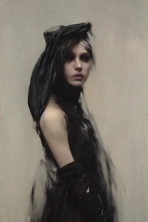 Image similar to Richard Schmid and Jeremy Lipking and Roberto Ferri full length portrait painting of a young beautiful evil fantasy priestess covered head in black except for face