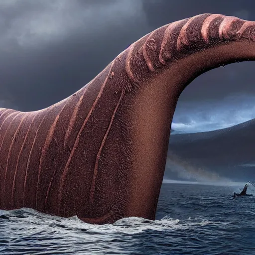 Prompt: Loch Ness Monster, Giant Squid, you can see the entire monster, realistic, extremely detailed, 8k, sharp, photo