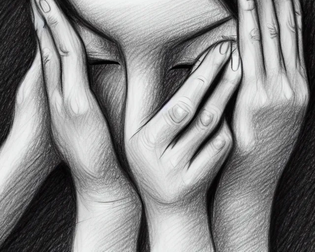 Image similar to a drawing of a woman covering her face with her hands, a sketch by choro choi, thick stroke, trending on artstation, context art, pencil sketch, high detail, kinetic