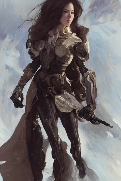 Prompt: > professional portrait of female an cryogenic assassin in fighting pose , armor elements , long dark hair, beautiful bone structure, symmetrical facial features, intricate, elegant, digital painting, concept art, smooth, sharp focus, illustration, by Ruan Jia and Mandy Jurgens , and mucha, and Artgerm and William-Adolphe Bouguerea