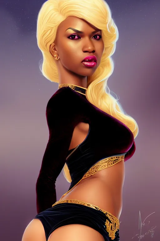 Prompt: portrait of a sexy young black super girl, velvet with lace gown, highly detailed and rendered gold jewelry, blonde short hair, digital art, intricate, sharp focus, white eyes, trending on artstation, hq, unreal engine 5, 4 k uhd image, by brom, artgerm, face by otto schmidt