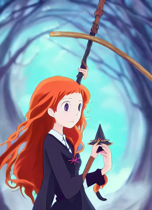 Image similar to redhead holding witch wand, advertising photoshoot, magic school academia, by studio ghibli, elegant, beautiful, digital art, trending on artstation, highly detailed, illustration, concept art, masterpiece