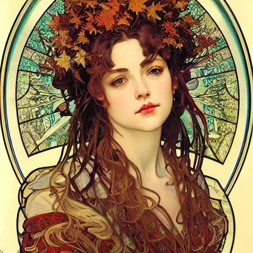 Prompt: realistic detailed face portrait of a beautiful young medieval queen of Autumn Maple trees by Alphonse Mucha, Ayami Kojima, Amano, Greg Hildebrandt, and Mark Brooks, Art Nouveau, Neo-Gothic, gothic, deep rich autumn colors