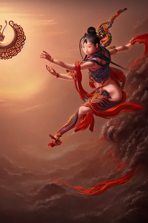 Image similar to nezha flies around swiftly on his wind flame circles in ruin chinese city, masterpiece, chinese mythology, top view, cinematic, fantasy character portrait, highly detailed, by new gods : nezha reborn, nezha : birth of the demon child, ne zha from smite, trending on artstation, concept art, flame everywhere,