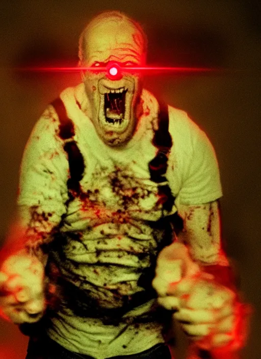Image similar to hyper realistic terror photo Doom horror furious glowing red eyes biden