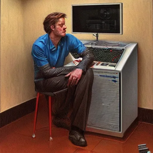 Prompt: man sitting in front of retro 80s computer smoking a cigarette, camera behind, art by Donato Giancola and James Gurney, digital art, trending on artstation