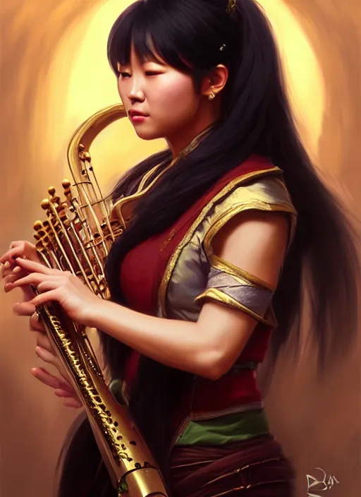 Prompt: a _ fantasy _ style _ portrait _ painting _ of asian female charismatic bard playing instrument, rpg dnd oil _ painting _ unreal _ 5 _ daz. _ rpg _ portrait _ extremely _ detailed _ artgerm _ greg _ rutkowski _ greg