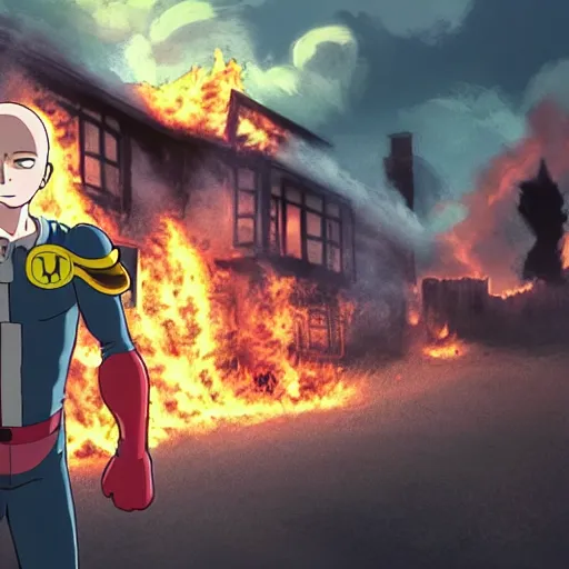 Image similar to a photo of a house burning down in the background and one punch man with an eerie expression in the foreground, strong depth of field