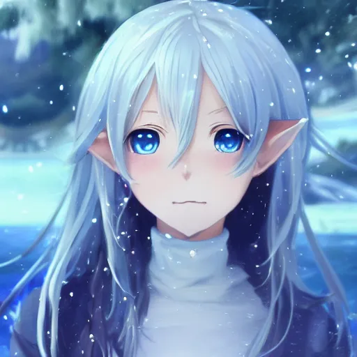 Prompt: a very beautiful anime elf girl, full body, long straight silver hair, happy, sky blue eyes, full round face, short smile, casual clothes, ice snowy lake setting, cinematic lightning, medium shot, mid-shot, highly detailed, trending on Artstation, Unreal Engine 4k, cinematic wallpaper by Stanley Artgerm Lau, WLOP, Rossdraws, James Jean, Andrei Riabovitchev, Marc Simonetti, and Sakimichan