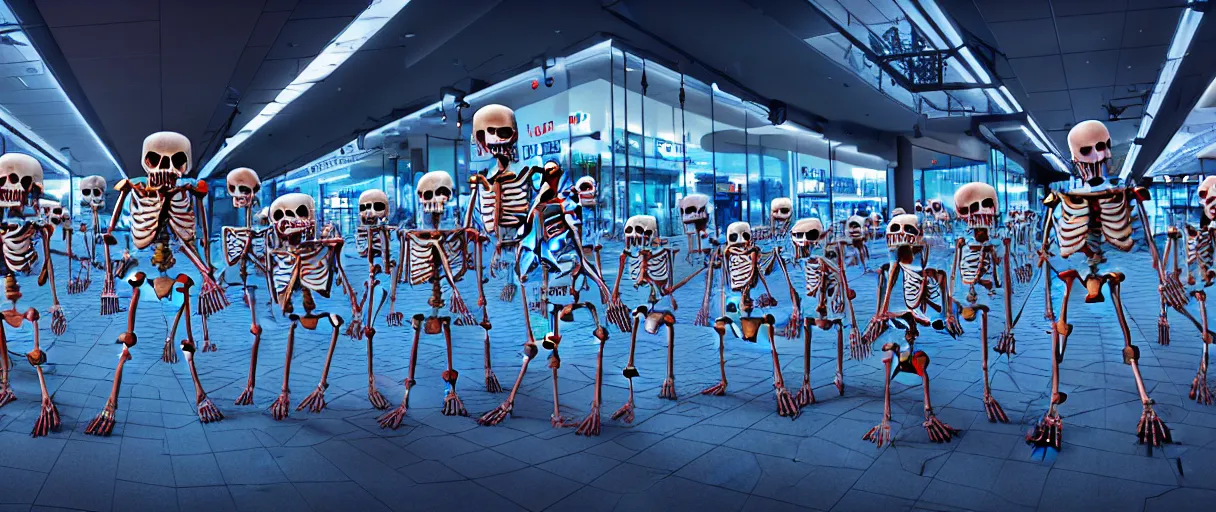 Prompt: hyperrealistic supercute skeleton army mall in background ute osterwald jason limon professional concept art dramatic blue lighting wide angle hd 8k sharp shallow depth of field