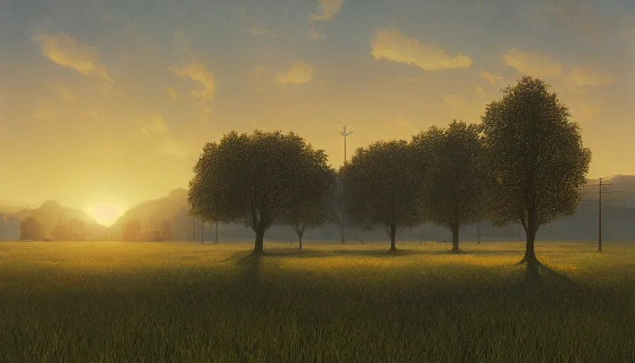 Image similar to field full of solar panels, sun in the sky, early morning, single tree, farmhouse, simon stalenhag