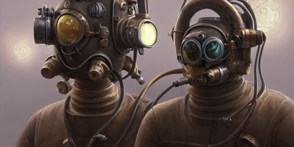 Image similar to highly detailed portrait painting of welder in atmospheric diving suit, mono eyed, by eddie mendoza and tyler edlin, windows, 8 k resolution